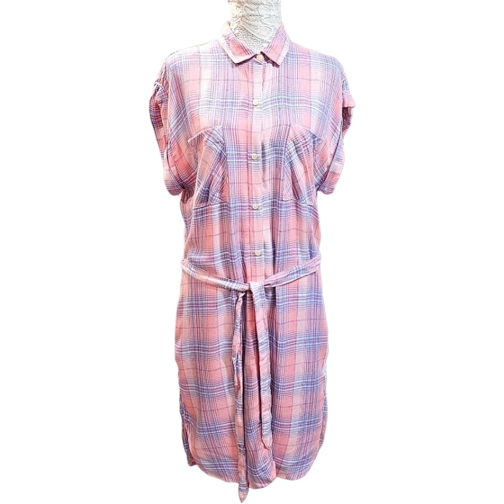 GAP Pink Plaid Button Up Shirtdress Size Medium Tall Belted Lightweight Rayon - Picture 2 of 9
